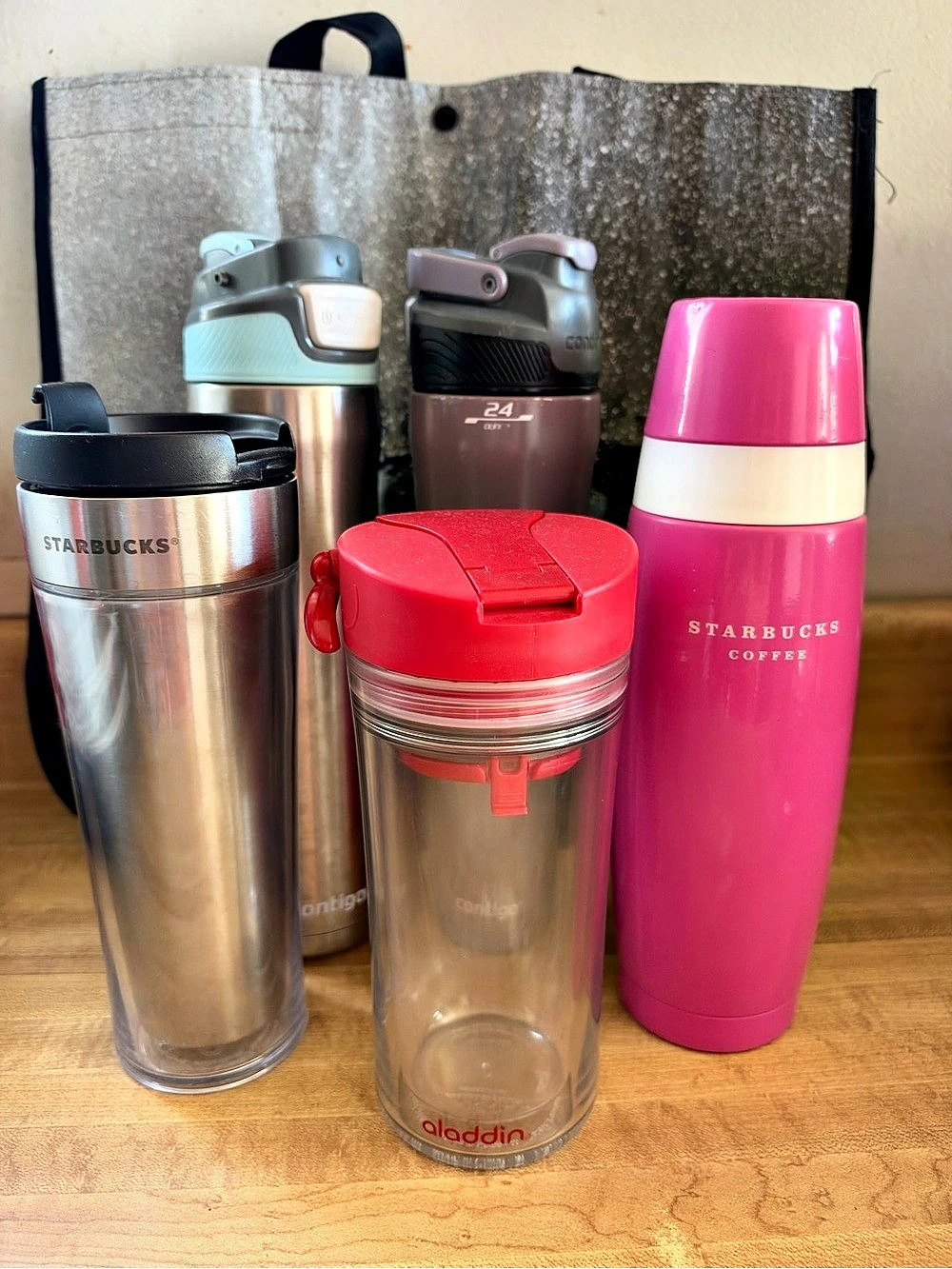 Contigo water bottles, Starbucks coffee tumbler , aladdin tea infuser